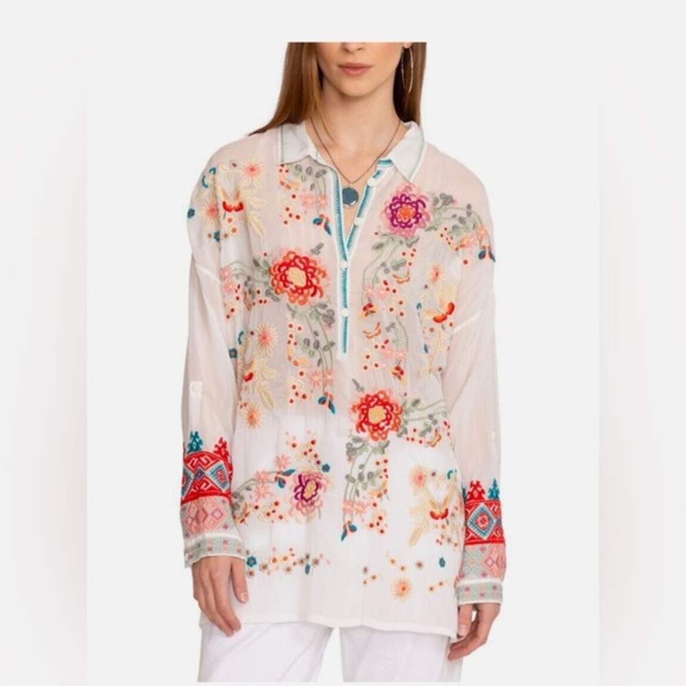Johnny Was Audrey White Tunic Women's Embroidered Floral Long Sleeved Size Small